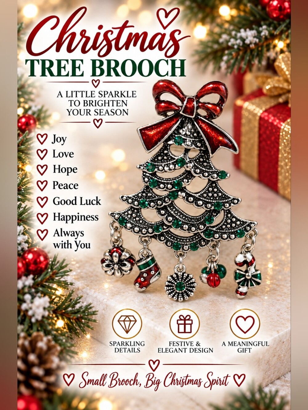 613 Festive Christmas Tree Brooch Pin - Red & Green Holiday Jewelry